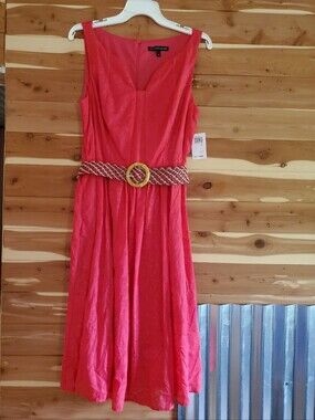 Coral Pink Sleeveless Midi Dress with Braided Belt